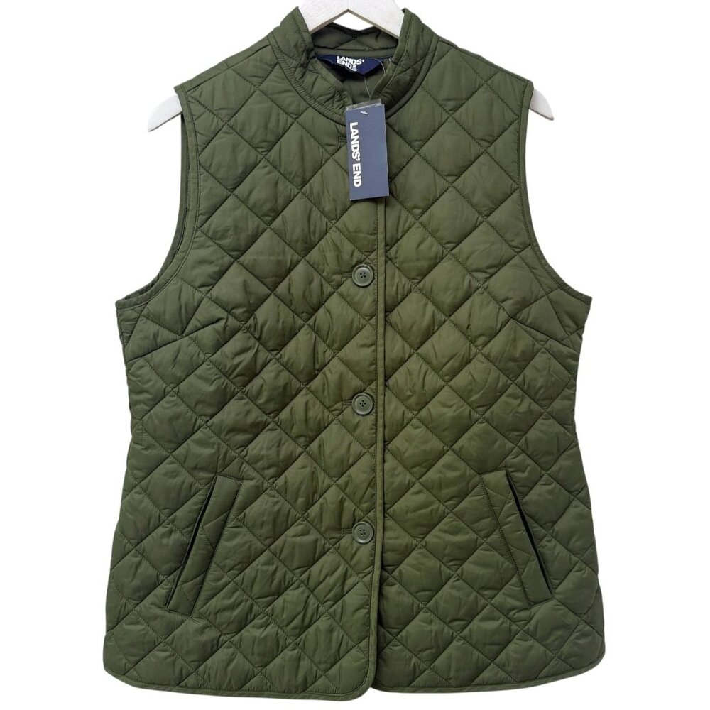 LANDS END Womens Quilted Vest Medium Olive Green Button Front Utility Preppy NWT